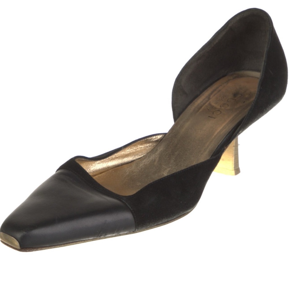 Gucci Black & Gold Leather and Suede Square Toe D’orsay Kitten Heels Pumps 9B